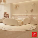 Scalloped-arch kids platform bed in cream velvet fabric with rounded side rails by Bahoo Furniture UAE