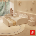 Scalloped-arch kids platform bed in cream velvet fabric with rounded side rails by Bahoo Furniture UAE