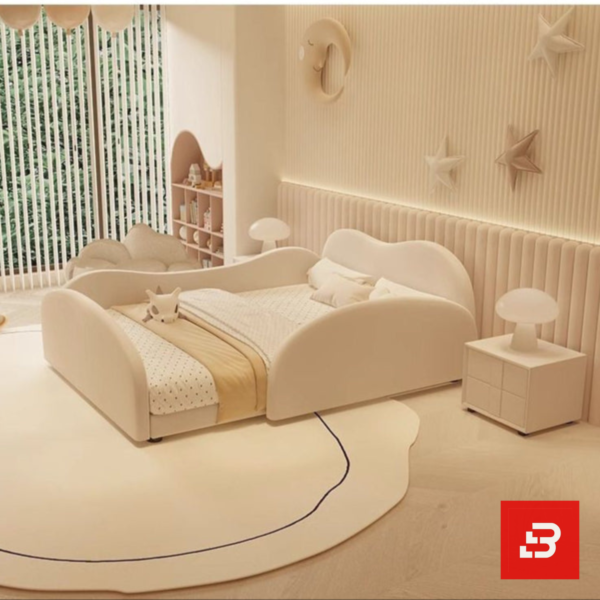 Scalloped-arch kids platform bed in cream velvet fabric with rounded side rails by Bahoo Furniture UAE