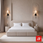 Curved-arch upholstered platform bed in soft beige velvet fabric with low profile frame by Bahoo Furniture UAE