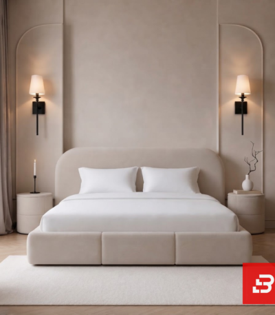 Curved-arch upholstered platform bed in soft beige velvet fabric with low profile frame by Bahoo Furniture UAE