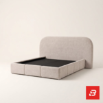 Curved-arch upholstered platform bed in soft beige velvet fabric with low profile frame by Bahoo Furniture UAE