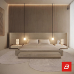 Extended panel headboard platform bed in sand linen fabric with integrated nightstands by Bahoo Furniture UAE
