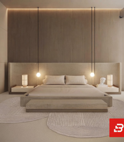Extended panel headboard platform bed in sand linen fabric with integrated nightstands by Bahoo Furniture UAE