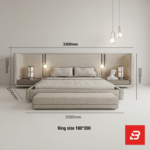 Extended panel headboard platform bed in sand linen fabric with integrated nightstands by Bahoo Furniture UAE