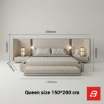 Extended panel headboard platform bed in sand linen fabric with integrated nightstands by Bahoo Furniture UAE