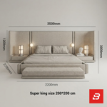 Extended panel headboard platform bed in sand linen fabric with integrated nightstands by Bahoo Furniture UAE