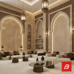 Front interior view of a luxury upholstered royal majlis sofa in beige velvet fabric featuring dark brown accent pillows and glass coffee tables set against an ornate arched stone wall by Bahoo Furniture UAE