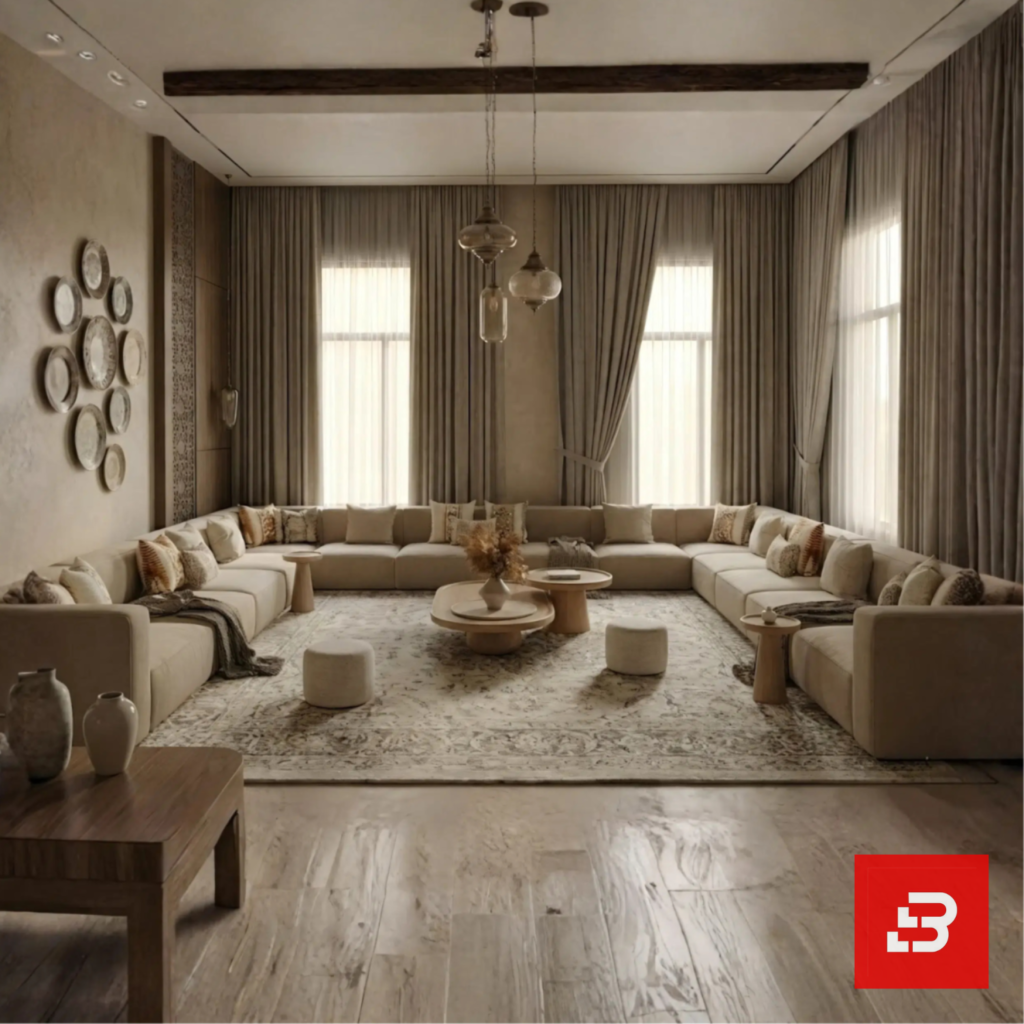 Front interior view of a luxury upholstered modern arabic majlis sectional sofa in beige velvet fabric featuring round wooden coffee tables and tall neutral curtains by Bahoo Furniture UAE
