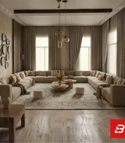 Front interior view of a luxury upholstered modern arabic majlis sectional sofa in beige velvet fabric featuring round wooden coffee tables and tall neutral curtains by Bahoo Furniture UAE