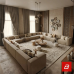 Front interior view of a luxury upholstered modern arabic majlis sectional sofa in beige velvet fabric featuring round wooden coffee tables and tall neutral curtains by Bahoo Furniture UAE