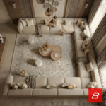 Front interior view of a luxury upholstered modern arabic majlis sectional sofa in beige velvet fabric featuring round wooden coffee tables and tall neutral curtains by Bahoo Furniture UAE