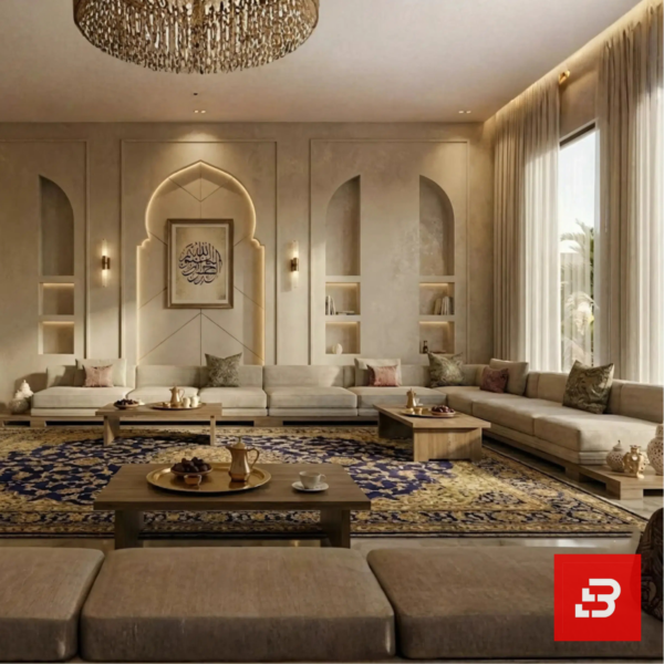 Front interior view of a luxury upholstered arabic majlis lounge sectional sofa in beige velvet fabric featuring wooden coffee tables and a traditional ornate wall calligraphy frame by Bahoo Furniture UAE