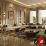 Front interior view of a luxury upholstered arabic majlis lounge sectional sofa in beige velvet fabric featuring wooden coffee tables and a traditional ornate wall calligraphy frame by Bahoo Furniture UAE