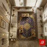 Front interior view of a luxury upholstered arabic majlis lounge sectional sofa in beige velvet fabric featuring wooden coffee tables and a traditional ornate wall calligraphy frame by Bahoo Furniture UAE