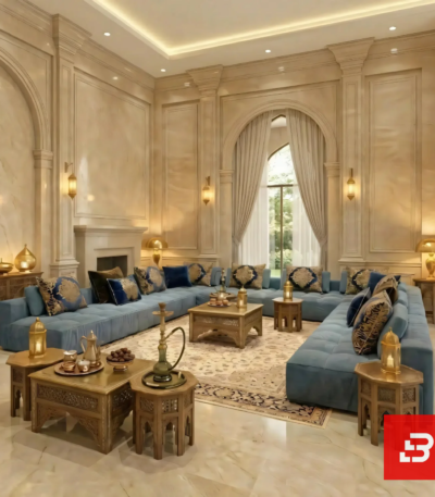 Interior view of a luxury upholstered royal arabic majlis sectional sofa in warm gray velvet fabric featuring intricate gold and blue cushions and carved wooden coffee tables by Bahoo Furniture UAE