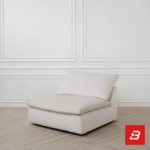 Minimalist studio view of a luxury upholstered modular single armless chair in off white velvet fabric set against a classic white wainscoting wall by Bahoo Furniture UAE