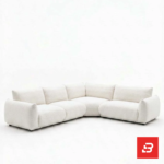 Studio product view of a luxury upholstered modular l-shape sectional sofa in off white bouclé fabric featuring deep plush cushions and wide padded armrests by Bahoo Furniture UAE