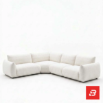 Studio product view of a luxury upholstered modular l-shape sectional sofa in off white bouclé fabric featuring deep plush cushions and wide padded armrests by Bahoo Furniture UAE