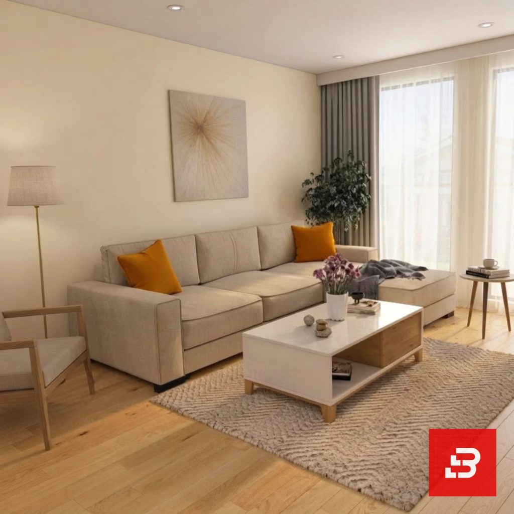 Bright interior view of a luxury upholstered modern chaise sectional sofa in beige velvet fabric featuring mustard throw pillows, a white coffee table, and a wooden accent chair by Bahoo Furniture UAE