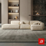 Overhead modern interior view of a luxury upholstered contemporary modular sofa in textured beige fabric featuring an extended chaise lounge and scatter cushions by Bahoo Furniture UAE