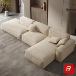 Overhead modern interior view of a luxury upholstered contemporary modular sofa in textured beige fabric featuring an extended chaise lounge and scatter cushions by Bahoo Furniture UAE