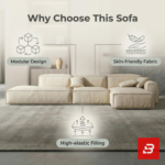 Overhead modern interior view of a luxury upholstered contemporary modular sofa in textured beige fabric featuring an extended chaise lounge and scatter cushions by Bahoo Furniture UAE