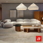 Modern showroom interior view of a luxury upholstered curved modular sofa in textured off white bouclé fabric featuring an organic shape and scatter cushions by Bahoo Furniture UAE