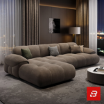 Evening luxury living room interior view of a luxury channel-tufted sectional sofa upholstered in plush warm gray velvet fabric featuring a chaise extension and accent cushions by Bahoo Furniture UAE