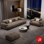 Evening luxury living room interior view of a luxury channel-tufted sectional sofa upholstered in plush warm gray velvet fabric featuring a chaise extension and accent cushions by Bahoo Furniture UAE