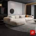 Evening luxury living room interior view of a luxury channel-tufted sectional sofa upholstered in plush warm gray velvet fabric featuring a chaise extension and accent cushions by Bahoo Furniture UAE