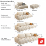 Bright modern sunlit apartment living room interior view of a luxury grid-tufted modular lounge set upholstered in textured off white bouclé fabric featuring block-stitched modular sofa, matching armchair, and footstool ottoman by Bahoo Furniture UAE