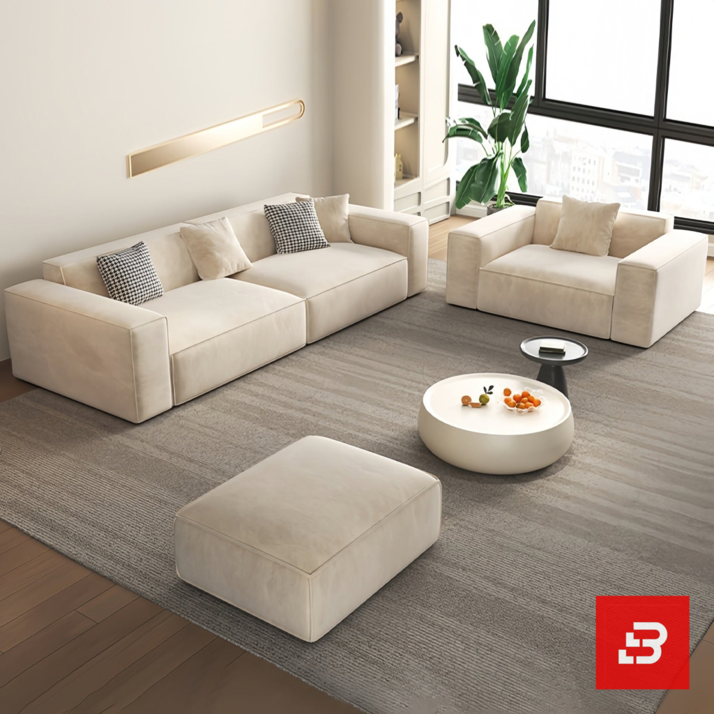 Sunlit minimal modern urban apartment living room interior view of a luxury block modular sectional upholstered in plush velvet fabric featuring a modular 3-seater sofa, matching armchair, ottoman, and round coffee table by Bahoo Furniture UAE