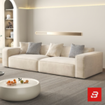 Sunlit minimal modern urban apartment living room interior view of a luxury block modular sectional upholstered in plush velvet fabric featuring a modular 3-seater sofa, matching armchair, ottoman, and round coffee table by Bahoo Furniture UAE