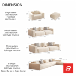 Sunlit minimal modern urban apartment living room interior view of a luxury block modular sectional upholstered in plush velvet fabric featuring a modular 3-seater sofa, matching armchair, ottoman, and round coffee table by Bahoo Furniture UAE