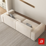 Sunlit minimal modern urban apartment living room interior view of a luxury block modular sectional upholstered in plush velvet fabric featuring a modular 3-seater sofa, matching armchair, ottoman, and round coffee table by Bahoo Furniture UAE