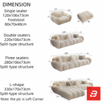 Sunlit minimal modern apartment living room interior view of a luxury channel tufted sectional upholstered in textured off white bouclé fabric featuring a generous chaise lounge and matching barrel armchair by Bahoo Furniture UAE