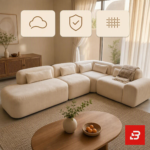 Bright natural light modern luxury living room interior view of a luxury modular sectional upholstered in textured beige bouclé fabric featuring low-profile modular corner seating, bolster pillows, and a patterned throw blanket by Bahoo Furniture UAE