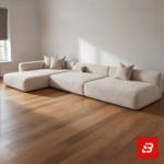 Sunlit minimal modern minimalist villa living room interior view of a luxury low-profile sectional upholstered in plush beige velvet fabric featuring an extended chaise lounge and comfortable scatter cushions by Bahoo Furniture UAE
