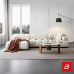 Sunlit minimal modern apartment living room interior view of a luxury segmented cushion sectional upholstered in textured off white bouclé fabric featuring pillowed modular segments and an extended chaise lounge by Bahoo Furniture UAE