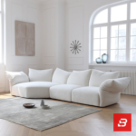 Sunlit minimal modern apartment living room interior view of a luxury cloud sectional upholstered in plush off white bouclé fabric featuring extra-deep lounging cushions and oversized feather-soft scatter pillows by Bahoo Furniture UAE