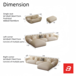Sunlit minimal modern apartment living room interior view of a luxury fluted sectional upholstered in textured off white bouclé fabric featuring sweeping vertical channel backrests and an extended chaise lounge by Bahoo Furniture UAE