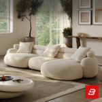 Sunlit minimal modern apartment living room interior view of a luxury curved sofa upholstered in textured off white bouclé fabric featuring sweeping modular contours and plush scatter cushions by Bahoo Furniture UAE