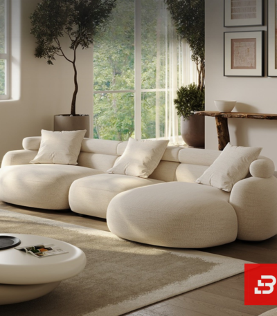 Sunlit minimal modern apartment living room interior view of a luxury curved sofa upholstered in textured off white bouclé fabric featuring sweeping modular contours and plush scatter cushions by Bahoo Furniture UAE