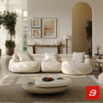 Sunlit minimal modern apartment living room interior view of a luxury curved sofa upholstered in textured off white bouclé fabric featuring sweeping modular contours and plush scatter cushions by Bahoo Furniture UAE