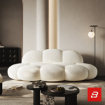 Minimalist modern interior view of a luxury cloud bubble sofa upholstered in textured off white bouclé fabric featuring rounded organic modular lobes and a low-profile silhouette by Bahoo Furniture UAE