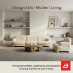 Designed for Modern Living interior view of a luxury wood-trim sofa and matching armchair upholstered in textured beige bouclé fabric featuring natural wooden structural framing and clean low-profile lines by Bahoo Furniture UAE