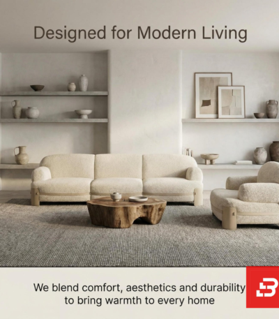 Designed for Modern Living interior view of a luxury wood-trim sofa and matching armchair upholstered in textured beige bouclé fabric featuring natural wooden structural framing and clean low-profile lines by Bahoo Furniture UAE