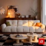 Sunlit warm modern living room interior view of a luxury channel-padded sofa upholstered in textured off white bouclé fabric featuring plush segmented cushioning and stylish contrast scatter cushions by Bahoo Furniture UAE