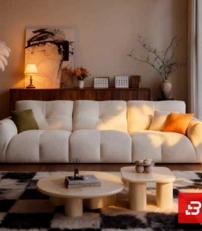 Sunlit warm modern living room interior view of a luxury channel-padded sofa upholstered in textured off white bouclé fabric featuring plush segmented cushioning and stylish contrast scatter cushions by Bahoo Furniture UAE
